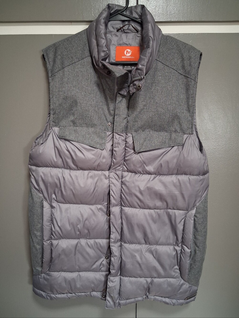 Merrell Men's Light Gray Quilted Puffer Vest with Heathered Panels